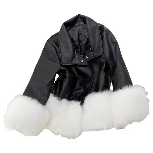 Women’s Black PU Sherpa Shearling Faux Fur Cuffs Fluffy Slim Fit Korean Fashion Double Breasted Classic Leather Jacket