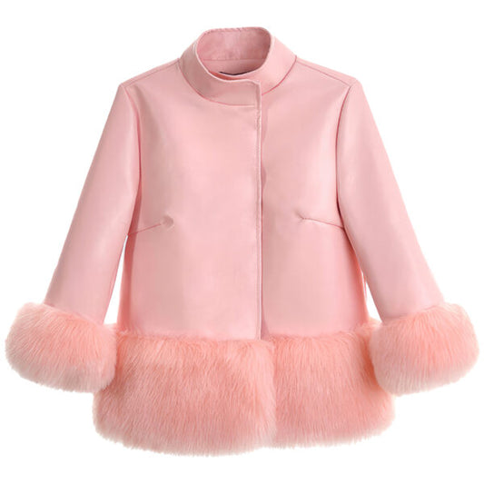 Women’s pink PU Sherpa Shearling Faux Fur Cuffs Fluffy Slim Fit Korean Fashion Double Breasted Classic Leather Jacket