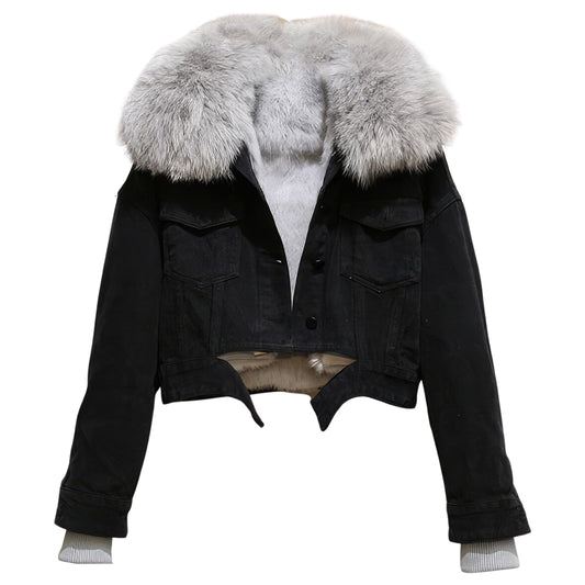 Women’s black Genuine Denim Sherpa Shearling Faux Fur Lined Fashionable Winter Warm Fluffy Cropped Top Jeans Jacket