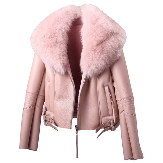 Women’s Pink Genuine Sheepskin Sherpa Shearling Faux Fur Collar Korean Thick Casual Classic Warm Fashion Luxury Leather Jacket