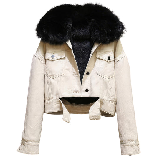 Women’s White Genuine Denim Sherpa Shearling Faux Fur Lined Fashionable Winter Warm Fluffy Cropped Top Jeans Jacket
