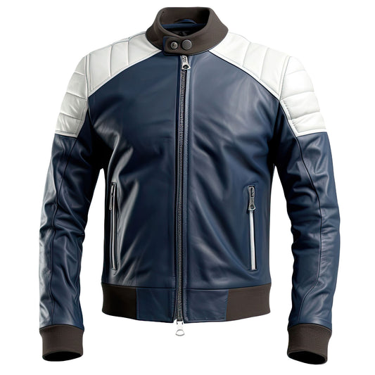 Men’s Navy Blue White Genuine Sheepskin Stand Collar Zip-up Rider Elegant Quilted Casual Biker Motorcycle Leather Jacket