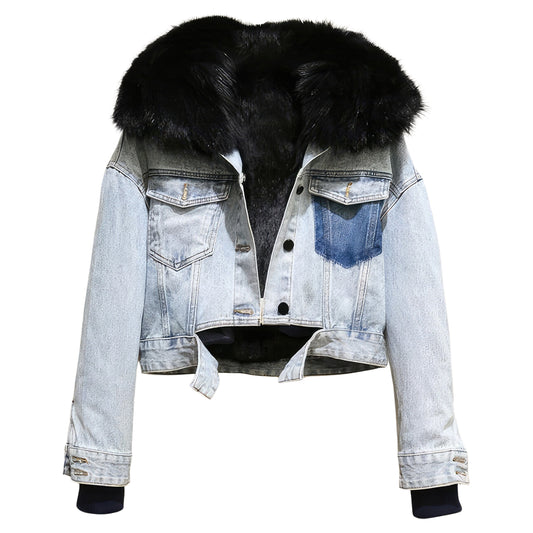 Women’s Faded Blue Genuine Denim Sherpa Shearling Faux Fur Lined Fashionable Winter Warm Fluffy Cropped Top Jeans Jacket