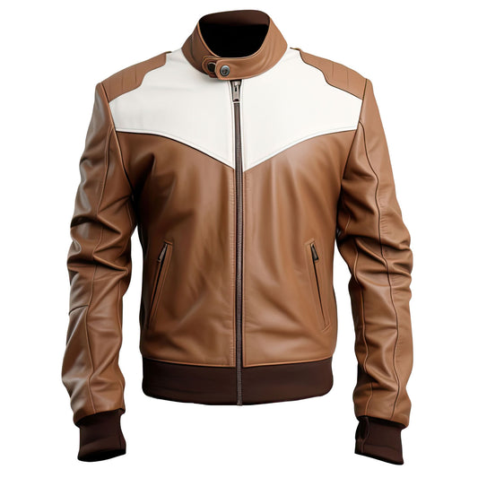 Men’s Brown White Genuine Sheepskin Elegant Stand Collar Bomber Rib Knit Warm Zip-up Soft Smooth Moto Biker Leather Jacket
