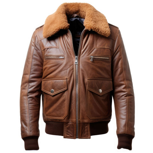Men’s Coffee Brown Genuine Sheepskin A2 Sherpa Shearling Faux Fur Collar Zipper Classy Flying Aviator Bomber Leather Jacket