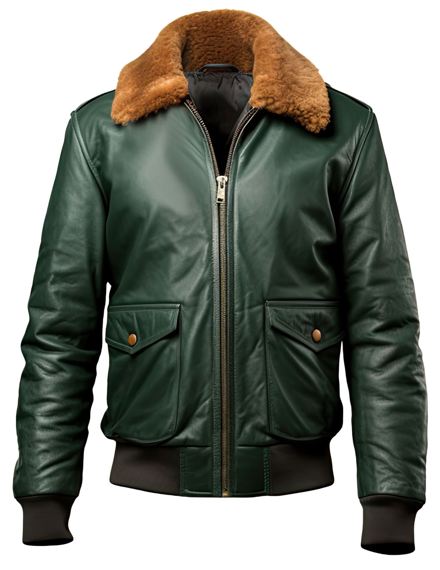 Men's A2 Olive Green Genuine Sheepskin Sherpa Shearling Faux Fur Collar Bomber Rib Knit Soft Aviator Pilot Leather Jacket - zunnorane najmi