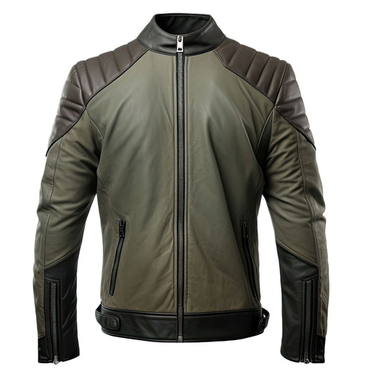 Men’s Olive Green Charcoal Black Genuine Sheepskin Stand Collar Classy Zip-up Quilted Café Racer Biker Leather Jacket