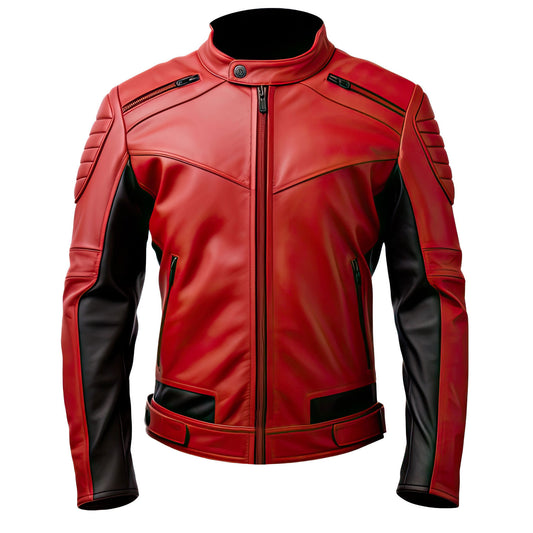 Men’s Red Black Genuine Sheepskin Stand Collar Smooth Biker Outfit Slim-fit Multi Zippered Classy Racing Leather Jacket
