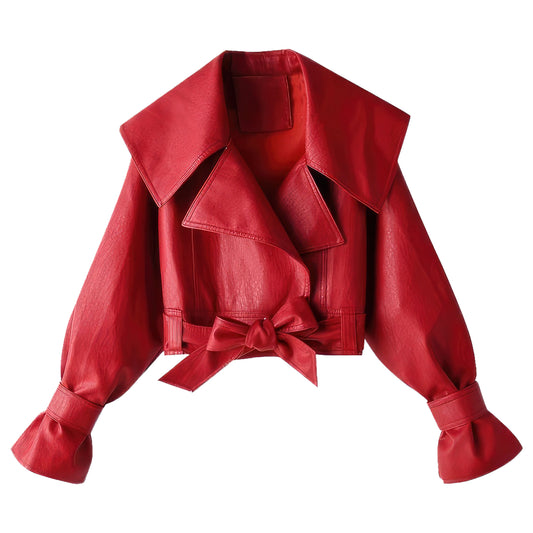 Women’s Red Punk Cowhide Crop Top Lapel Collar Fashionable Motorcycle Sporty Racer Classic Crossover Leather Jacket