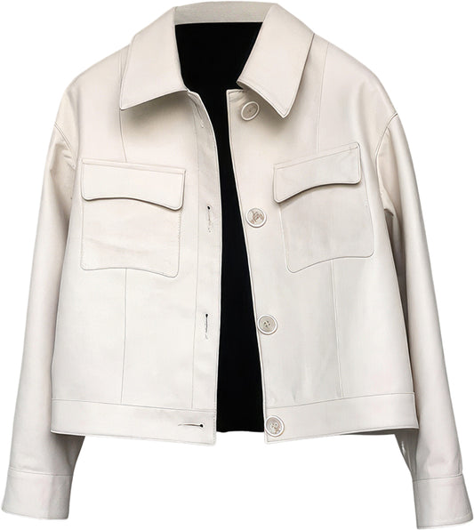 Women’s White Genuine Lambskin Shirt Collar Casual Fashionable Smooth Lightweight Short Winter Leather Coat