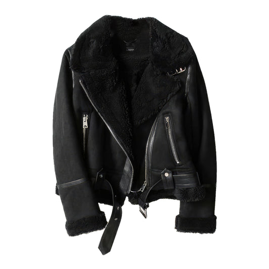 Women’s Black Vintage Genuine Suede Lambskin Crossover Lapel Collar Sherpa Shearling Faux Fur Lined Sporty Moto Biker Asymmetric Leather Jacket